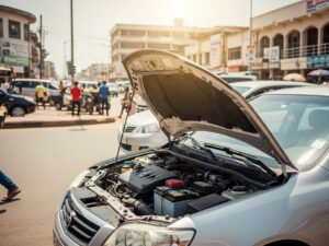 photo of a car parked on a busy Ghanaian street