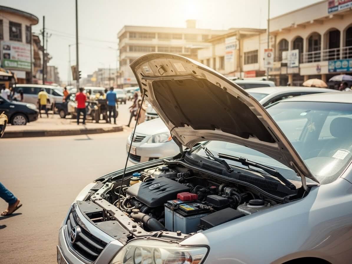 photo of a car parked on a busy Ghanaian street